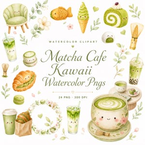 matcha cafe kawaii watercolor pngs