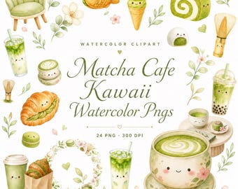 24 Matcha Café Kawaii Aquarell Clipart-Bundle