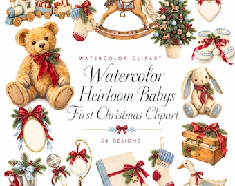 May include: A collection of watercolor Christmas clipart featuring a teddy bear, rocking horse, toy train, Christmas tree, baby booties, rabbit, wooden chest, rattle, book, and ornaments, with the text Watercolor Heirloom Babys First Christmas Clipart.