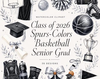 36 Basketball-Cliparts in den Spurs-Farben für den Abschlussjahrgang 2026 | PNG-Paket für Schulabgänger | Silberne und schwarze Basketball-Geschenke | Digitaler Download