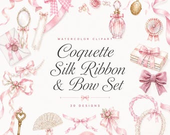 Coquette Silk Ribbon & Bow Set | 30 Pink Bow Clipart PNG | Lace Romance Wedding Stationery | Digital Download