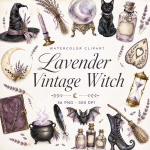 watercolor vintage witch lavender clipart