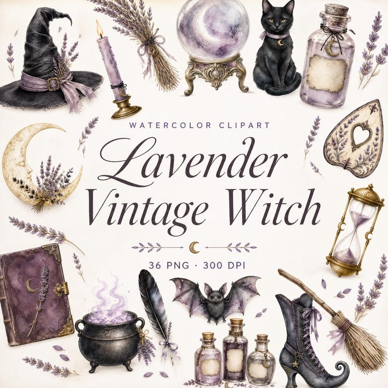 watercolor vintage witch lavender clipart