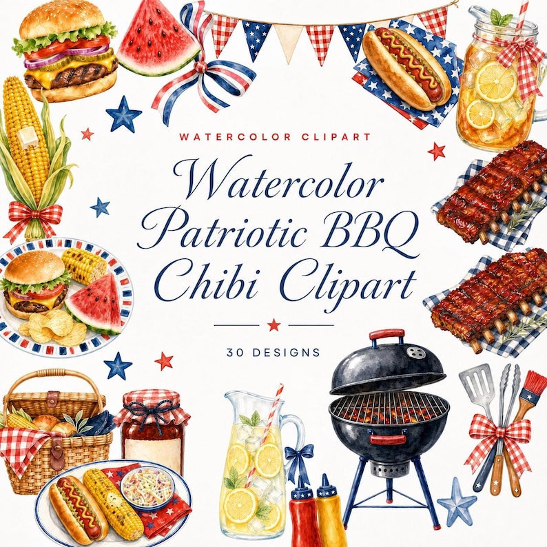 watercolor patriotic bbq chibi clipart