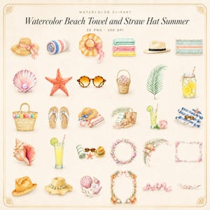 WonderfulPNG enhanced bundle grid preview page 1 of 1 — watercolor-beach-towel-and-straw-hat-summer