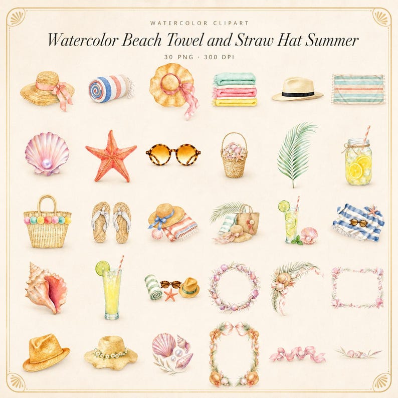 WonderfulPNG enhanced bundle grid preview page 1 of 1 — watercolor-beach-towel-and-straw-hat-summer