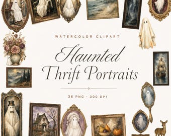 Watercolor Haunted Thrift Portraits Clipart Bundle