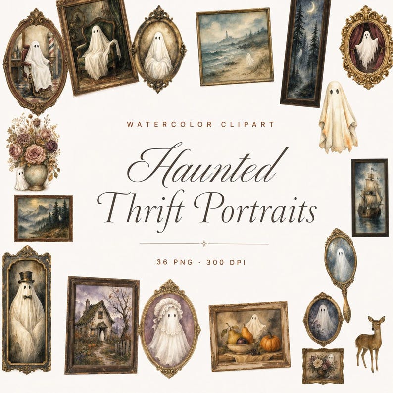 watercolor haunted thrift portraits clipart