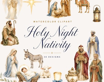 May include: Watercolor clipart set titled Holy Night Nativity featuring 36 designs including an angel, a star, a manger scene, a camel, a lantern, a shepherd, a donkey, a lamb, a scroll, a decorative urn, and the three wise men.