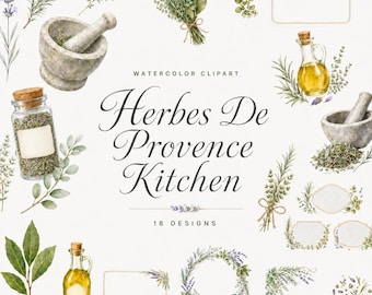 18 Herbs of Provence Kitchen Clipart | Watercolor Herbs PNG Bundle | Recipe Card Spice Label Art | Digital Download