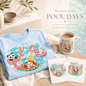 Peut inclure: Un t-shirt bleu clair avec un graphique coloré représentant un panda, un lapin et un chien dans des bouées avec le texte "FLOAT CREW". Une tasse en céramique blanche et deux impressions papier présentent le même motif, avec le texte "WONDERFULPNG POOL DAYS".