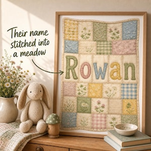 Peut inclure: Une impression encadrée de courtepointe en patchwork affichant le nom Rowan en grandes lettres texturées. Le motif présente divers imprimés floraux et vichy dans des tons pastel. Le texte à gauche indique : Their name stitched into a meadow.