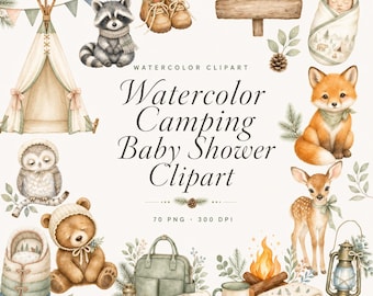 70 Aquarell-Camping-Babyparty-Cliparts-Bundle