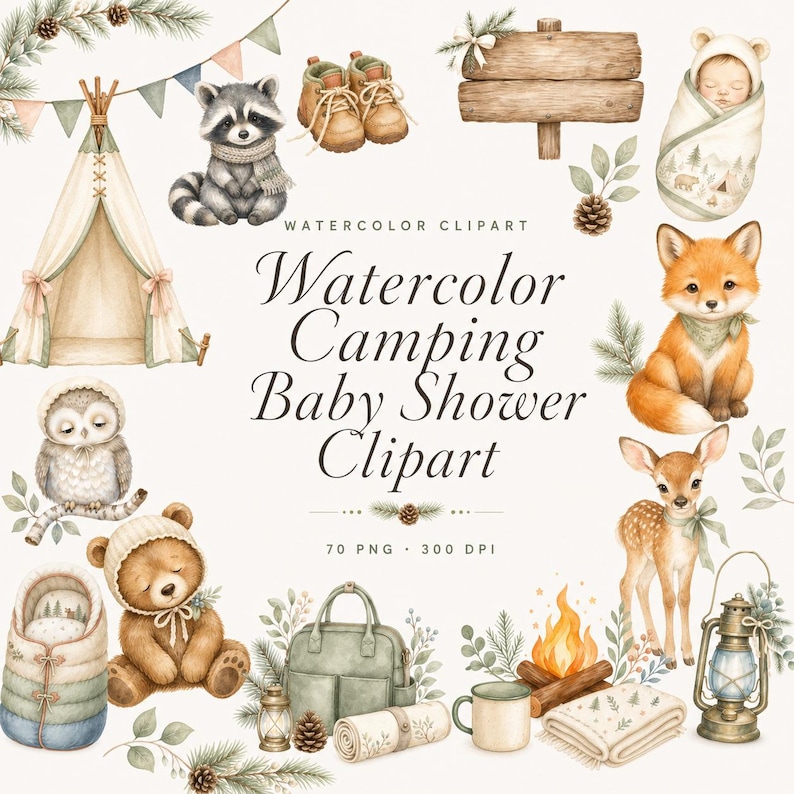 watercolor camping baby shower clipart