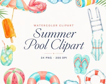 34 Digital Summer Pool Clipart | Pool Party PNG Bundle | Beach Vacation Swim Graphics | Digital Download