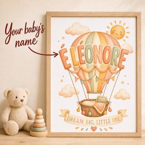 Gepersonaliseerde babykamerdecoratie met naam, heteluchtballon, aquarel, babykamerdecoratie, een uniek aandenken voor de pasgeborene. afbeelding 1