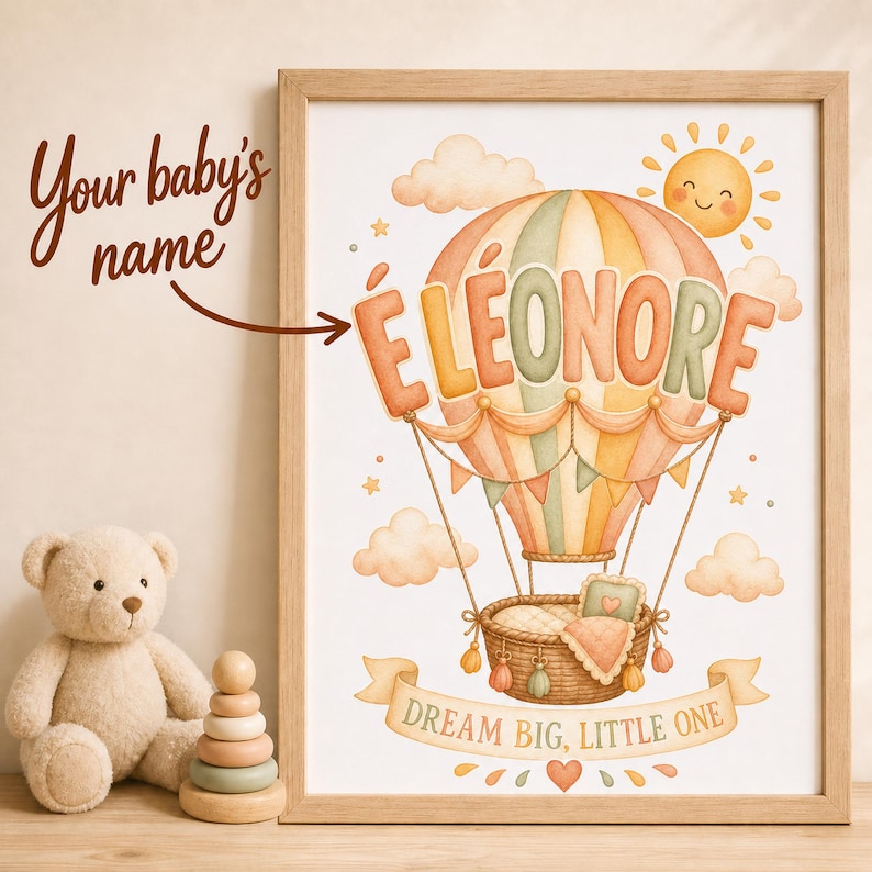 Gepersonaliseerde babykamerdecoratie met naam, heteluchtballon, aquarel, babykamerdecoratie, een uniek aandenken voor de pasgeborene. afbeelding 1
