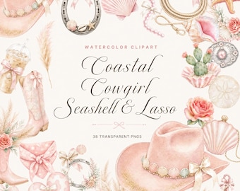 36 Coastal Cowgirl Seashell Lasso Clipart | Western Beach PNG Bundle | Pink Coquette Dorm Wedding | Instant Download