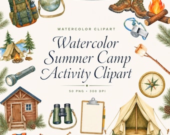 Watercolor Summer Camp Activity Clipart Bundle, 50 Designs for Teachers