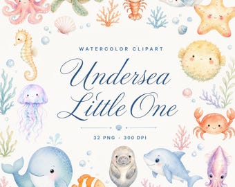 水彩画風の海の生き物のベビーシャワー用クリップアートセット（保育園のアート用）