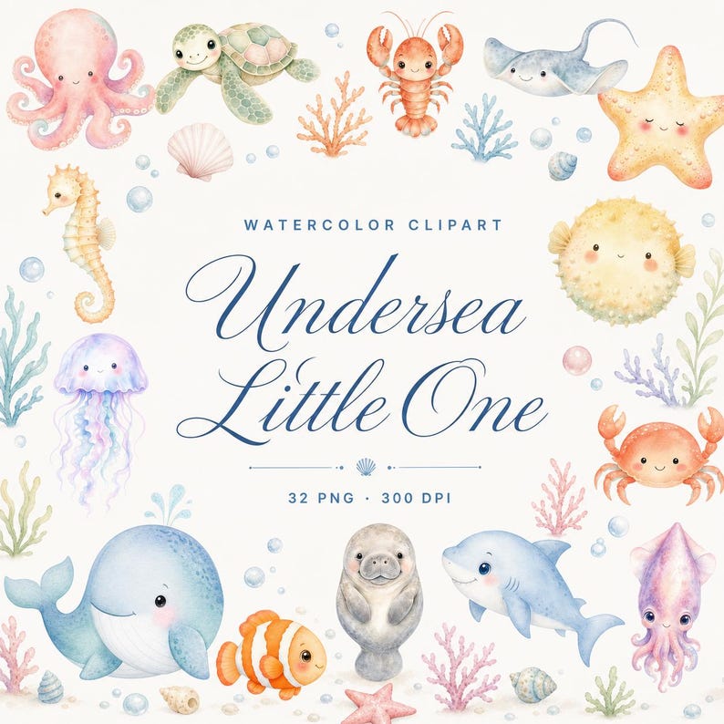 watercolor sea animals baby shower clipart