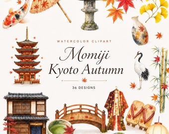 36 Watercolor Kyoto Autumn Foliage Clipart | Momiji Maple PNG Bundle | Japan Travel Journal Decor | Digital Download