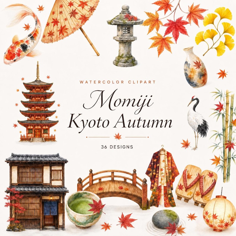 watercolor kyoto autumn foliage clipart