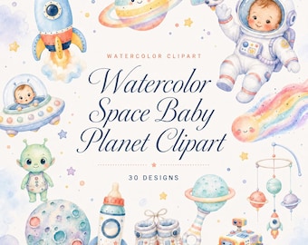 30 clipart di razzi spaziali ad acquerello per bambini | Pacchetto di immagini PNG di pianeti | Simpatico baby shower a tema astronauta | Download digitale