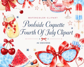 42 Poolside Coquette Fourth Of July Clipart | Patriotic Pool Party PNG Bundle | Red White Blue Summer Bows | Digital Download