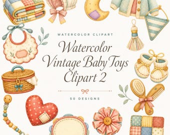 Watercolor Vintage Baby Toys Clipart 2 Bundle for Nursery