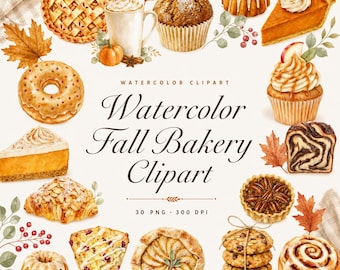 30 imágenes prediseñadas de panadería otoñal en acuarela | Paquete PNG de postres de otoño | Gráficos para menú de cafetería y venta de pasteles | Descarga digital