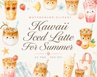 24 Kawaii-Eiskaffee-Cliparts für den Sommer | Niedliches Kaffee-PNG-Bundle | Café-Sticker für Scrapbooking | Digitaler Download