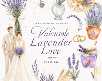 32 Watercolor Lavender Wedding Clipart | Provence Floral PNG Bundle | Bride Groom Invitations | Digital Download
