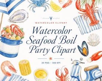 30 Watercolor Seafood Boil Party Clipart Bundle