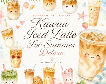 64 Kawaii Iced Latte for Summer Clipart | Cute Coffee PNG Bundle | Cafe Stickers, Planner Art | Digital Download