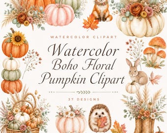 37 imágenes prediseñadas de calabazas florales estilo boho en acuarela | Paquete PNG de calabazas de otoño | Decoración de otoño para bodas y Acción de Gracias | Descarga digital