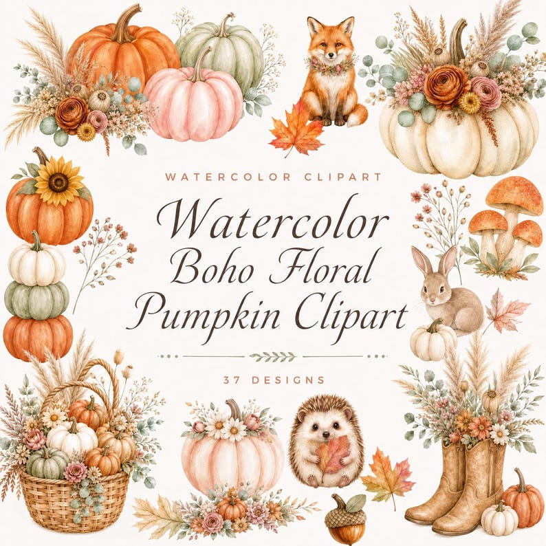 watercolor boho floral pumpkin clipart