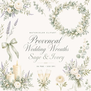36 Provençal Wedding Wreaths Sage & Ivory | Watercolor PNG Bundle | Eucalyptus Invitation Frames | Instant Download