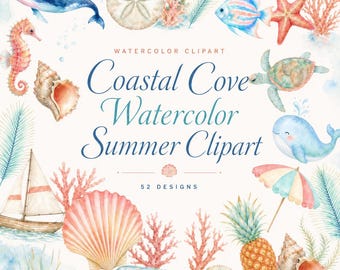 52 imágenes prediseñadas de verano en acuarela de calas costeras | Paquete PNG de conchas de playa y ballenas | Habitación infantil para bodas náuticas | Descarga digital