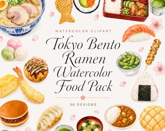 36 Tokyo Bento & Ramen Watercolor Food Pack Clipart | Japanese Food PNG Bundle | Sushi Ramen Planner Stickers | Digital Download