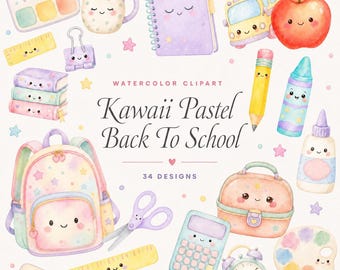 34 Kawaii Pastel Back-to-School Clipart | Cute School PNG Bundle | Teacher Planner Cutecore | Digital Download