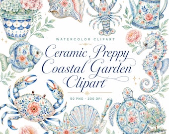 50 Watercolor Preppy Coastal Garden Clipart | Nautical PNG Bundle | Beach Wedding Shell Florals | Digital Download