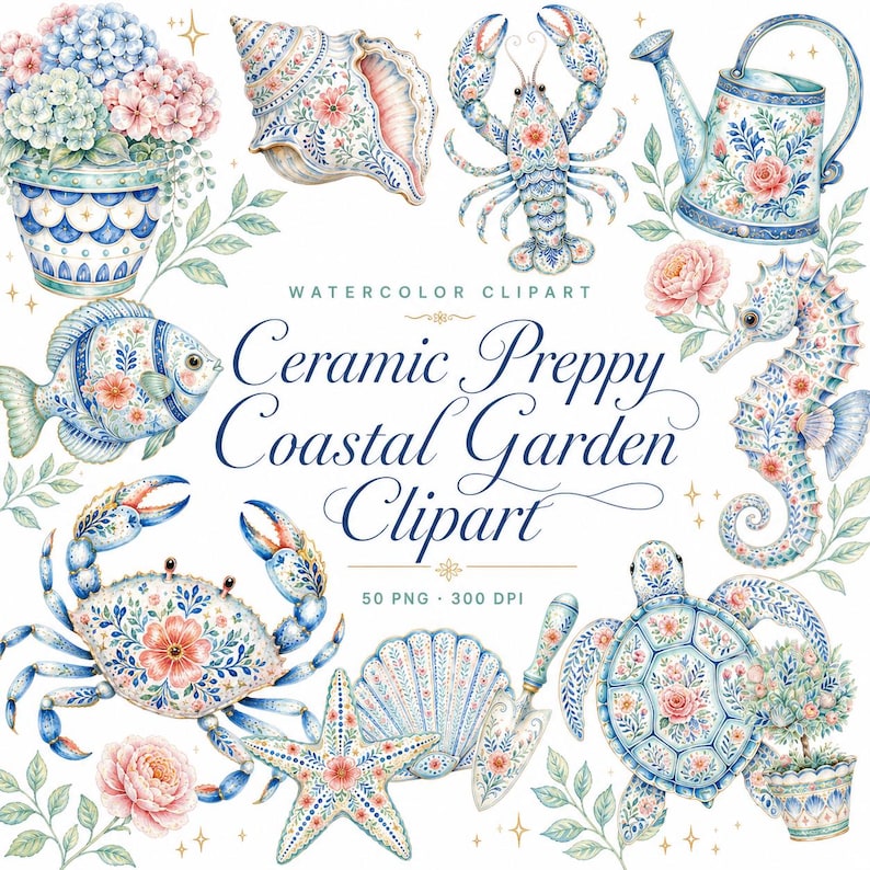 watercolor preppy coastal garden clipart