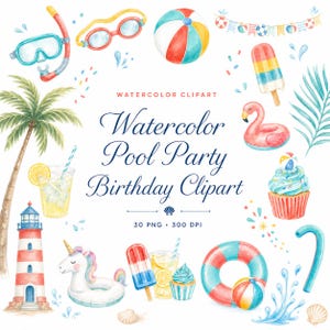 watercolor pool party birthday clipart