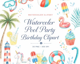 Paquete de 30 imágenes prediseñadas de fiestas de cumpleaños en la piscina con temática de acuarela