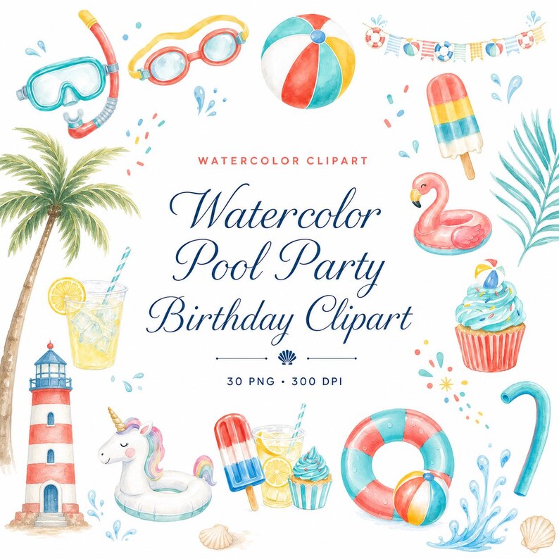 watercolor pool party birthday clipart