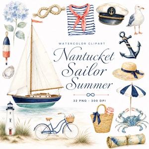 watercolor nantucket sailor summer clipart