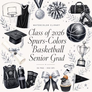 Peut inclure: Ensemble d'illustrations à l'aquarelle sur le thème du basket-ball et de la remise des diplômes en noir, blanc et argent. Les éléments incluent un panier, un maillot, une médaille, un pompon, un sac de sport, des baskets, un ballon, un trophée, une toque, un diplôme, un sac à dos, une bouteille, des chaussettes, un nœud, un sifflet et un cupcake.