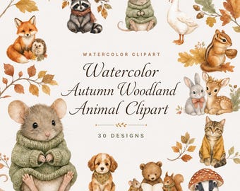 30 imágenes prediseñadas de animales del bosque otoñal en acuarela | Paquete PNG de bosque bohemio | Decoración otoñal para guardería y aula | Descarga digital