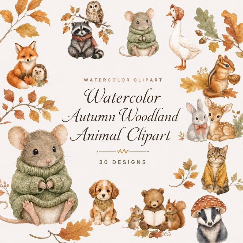 watercolor autumn woodland animal clipart